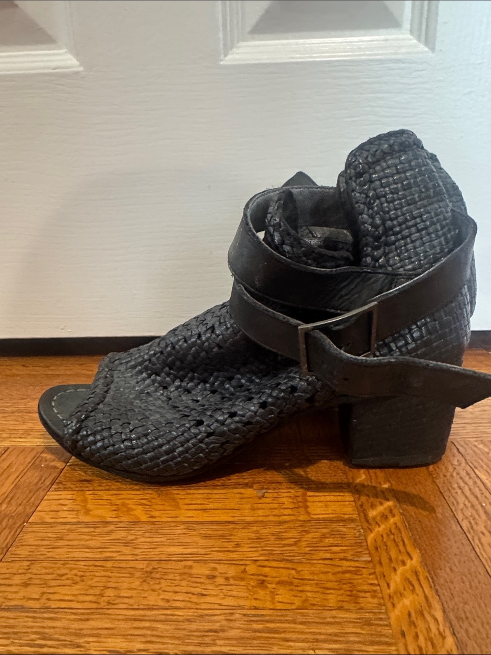 Italian vintage leather black Woven Open-Toe Heeled Boot with Ankle Strap